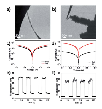 圖4：（a）（b）分別對(duì)應(yīng)CdS納米帶和CdS/ZnO異質(zhì)結(jié)安置在原位光學(xué)-光纖樣品桿中的TEM圖像。（c）（d）分別對(duì)應(yīng)CdS納米帶和CdS/ZnO異質(zhì)結(jié)I-V曲線(xiàn)的開(kāi)關(guān)特性。（e）（f）分別對(duì)應(yīng)CdS納米帶和CdS/ZnO異質(zhì)結(jié)對(duì)周期性光信號(hào)的響應(yīng)特性。